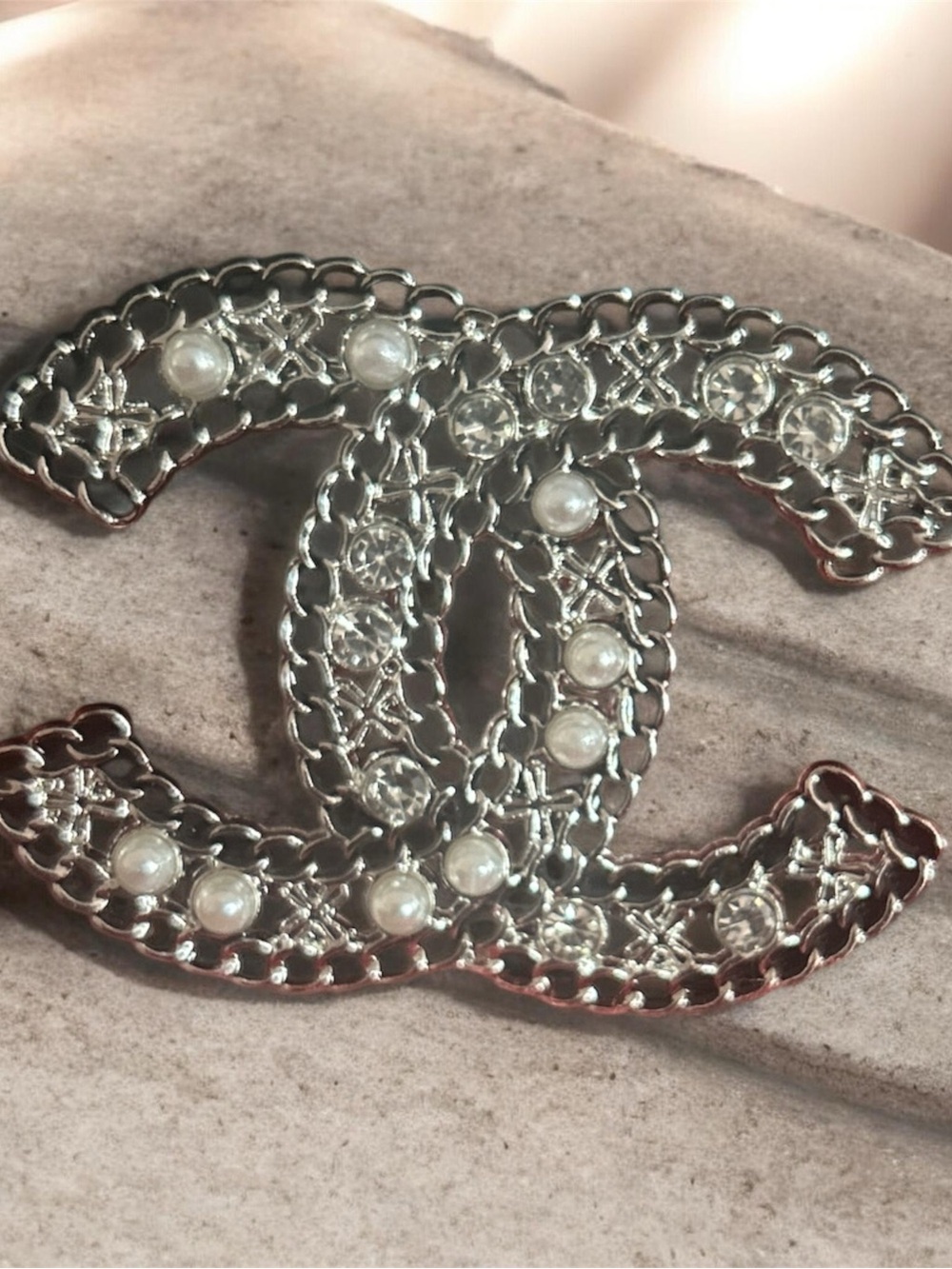 Silver-Tone Interlocking Brooch with Pearls and Crystals